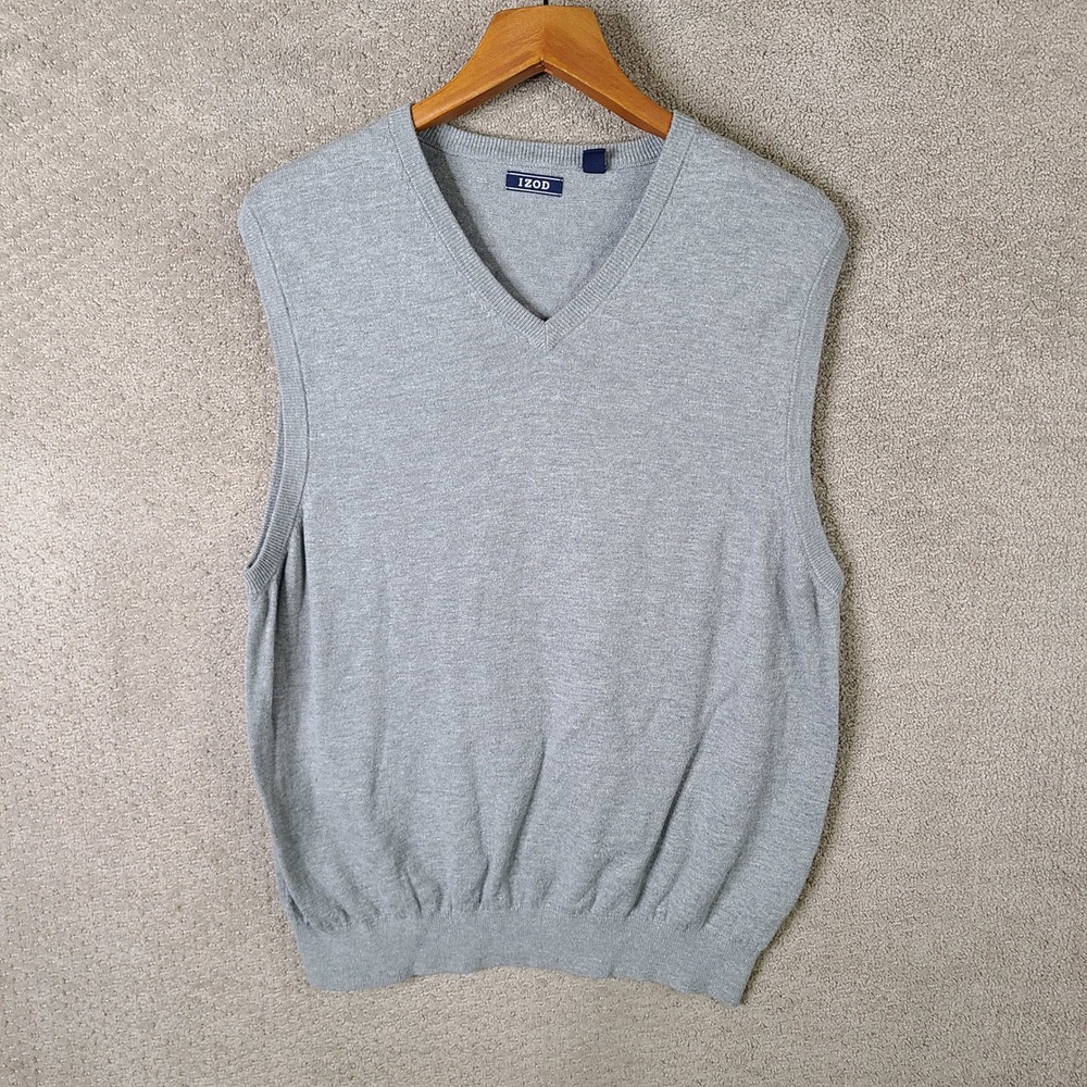 IZOD Sweater Vest Mens Large Gray V Neck Cotton Blend Golf Casual Sleeveless‎